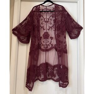 Anna Kaci Burgandy Embroider Lace Midi Robe Duster OS Floral Semi‎ Sheer